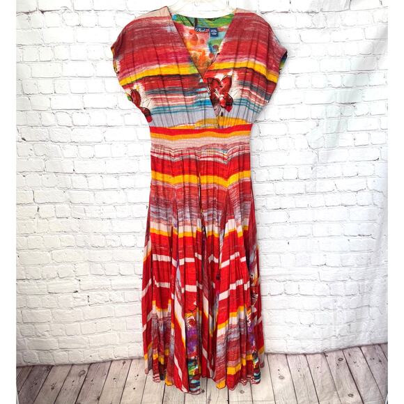 Phool Wms S Colorful Vivid Striped Smocked Maxi Dress Boho Fun Full Skirt - Picture 1 of 11
